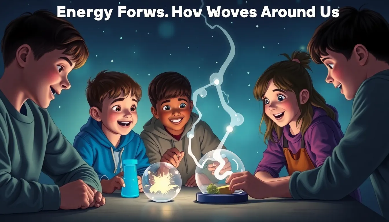 Energy Forms How Power Moves Around Us learning scene, Energy Forms How Power Moves Around Us experiment underway, curious kids collaborating, dynamic adventure illustration for ages 8-10, engaging detail, upbeat energy, text-free illustration with clean unmarked background, balanced composition, soft cinematic lighting, harmonious color palette, inviting and joyful mood