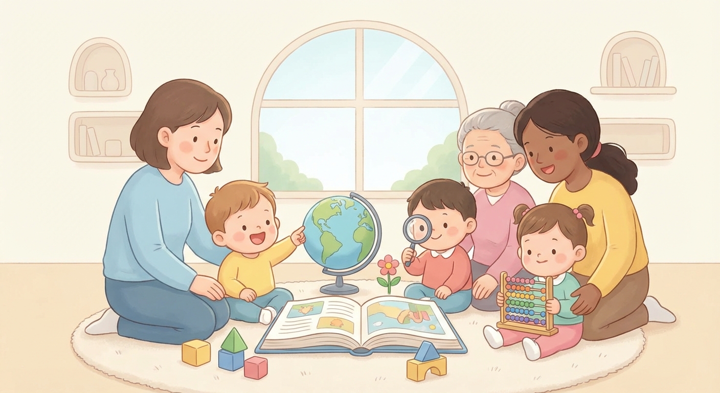 Excited learning scene, Excited learning scene filled with curiosity and joy, gentle pastel illustration designed for ages 3-4, rounded shapes, caring expressions, text-free illustration with clean unmarked background, balanced composition, soft cinematic lighting, harmonious color palette, inviting and joyful mood