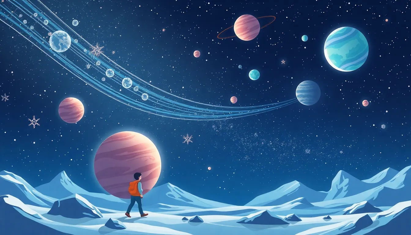 Exoplanets learning scene, Exoplanets space adventure, stars and planets inspiring wonder, stylized tween-friendly illustration for ages 11-13, aspirational and modern, text-free illustration with clean unmarked background, balanced composition, soft cinematic lighting, harmonious color palette, inviting and joyful mood