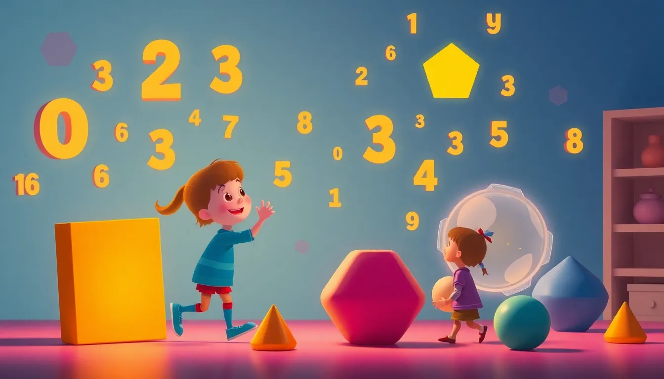 Exploring 3 d Shapes learning scene, Exploring 3 d Shapes math puzzle, friendly numbers and patterns glowing, vivid storybook illustration for ages 5-7, lively characters, playful motion, text-free illustration with clean unmarked background, balanced composition, soft cinematic lighting, harmonious color palette, inviting and joyful mood