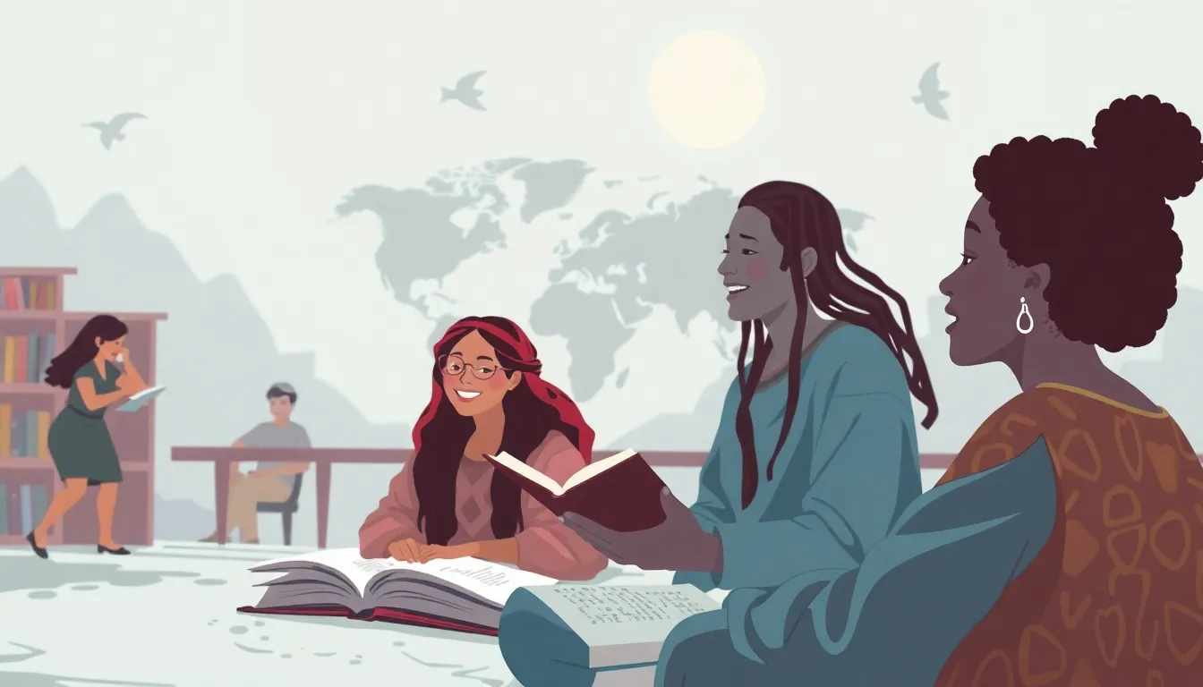 Exploring World Literature Voices Across Continents learning scene, Exploring World Literature Voices Across Continents learning scene filled with curiosity and joy, clean infographic-inspired illustration for ages 14-16, contemporary and polished, text-free illustration with clean unmarked background, balanced composition, soft cinematic lighting, harmonious color palette, inviting and joyful mood