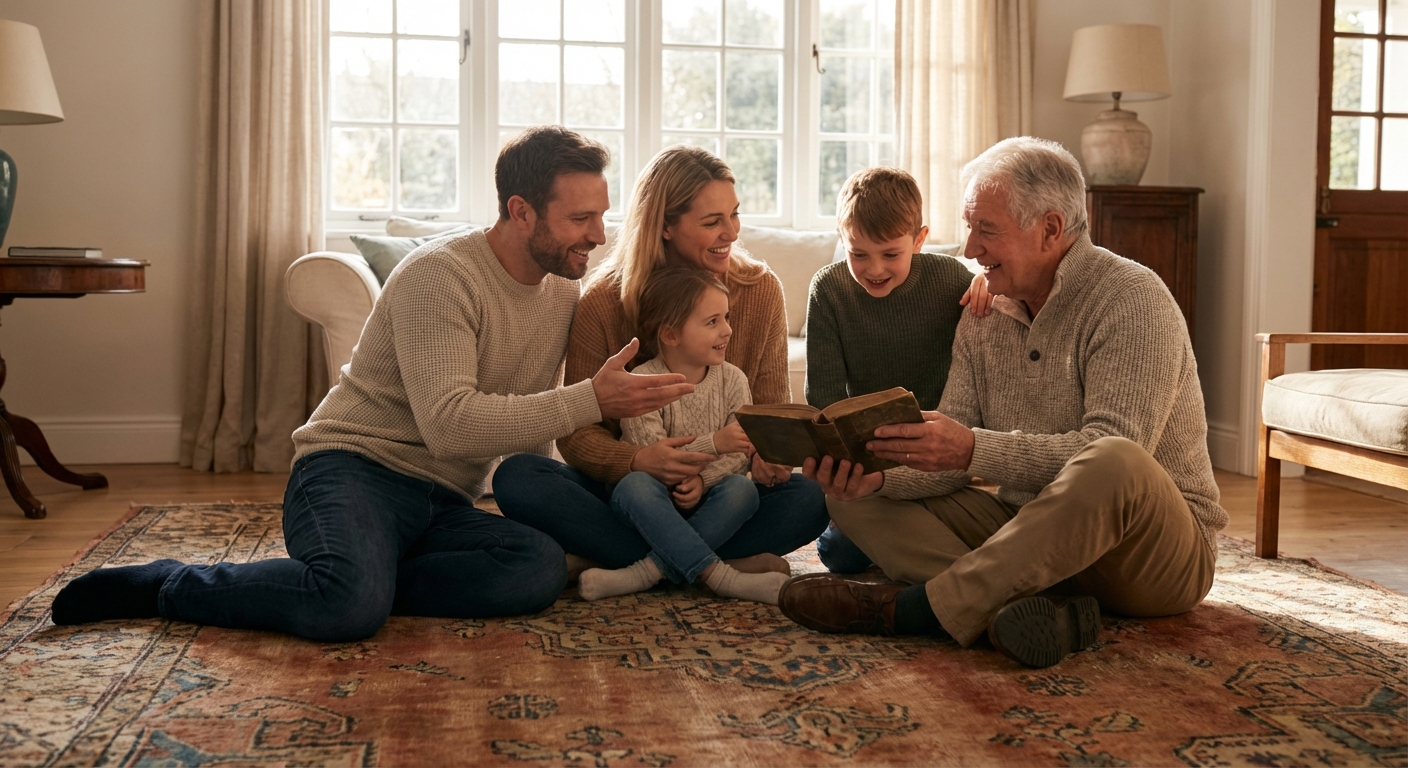 family sitting on a rug sharing a story