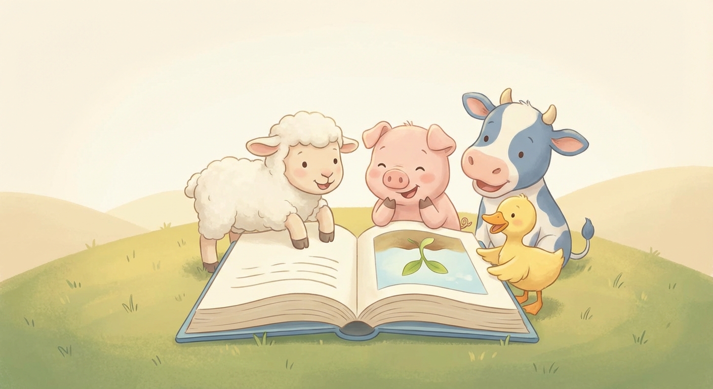 Farm Animals learning scene, Farm Animals animals discovering together, joyful storybook moment, gentle pastel illustration designed for ages 3-4, rounded shapes, caring expressions, text-free illustration with clean unmarked background, balanced composition, soft cinematic lighting, harmonious color palette, inviting and joyful mood