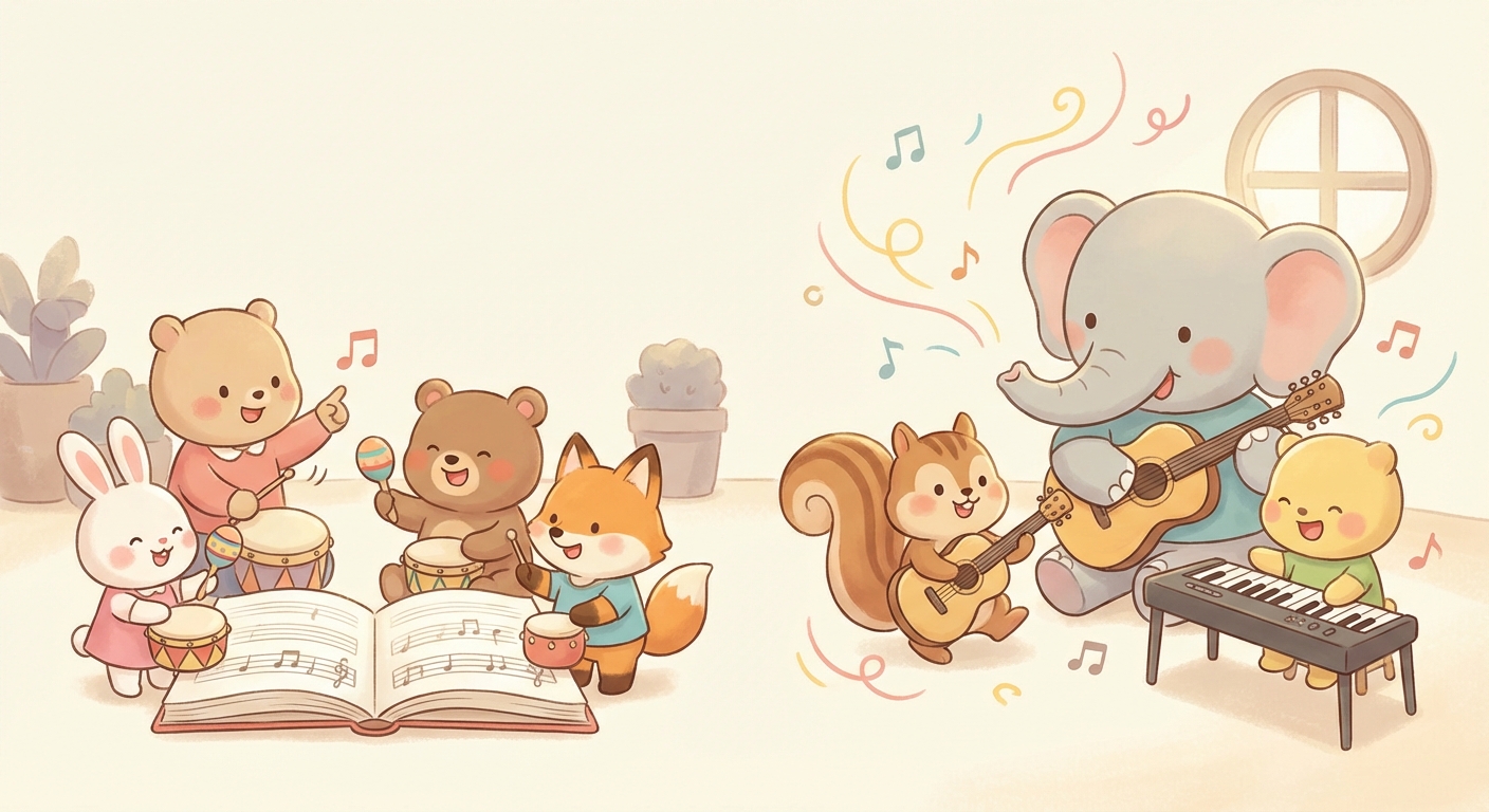Fast and Slow Music learning scene, Fast and Slow Music music jam session, cheerful instruments and rhythm, gentle pastel illustration designed for ages 3-4, rounded shapes, caring expressions, text-free illustration with clean unmarked background, balanced composition, soft cinematic lighting, harmonious color palette, inviting and joyful mood