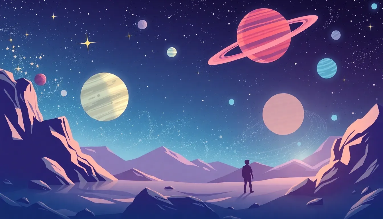 Fermi Paradox learning scene, Fermi Paradox space adventure, stars and planets inspiring wonder, stylized tween-friendly illustration for ages 11-13, aspirational and modern, text-free illustration with clean unmarked background, balanced composition, soft cinematic lighting, harmonious color palette, inviting and joyful mood