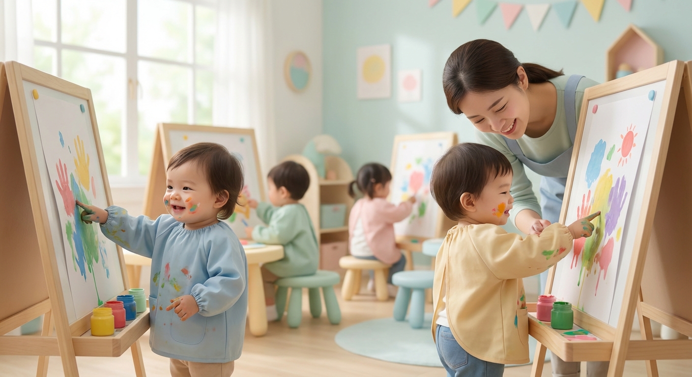 Finger Painting Fun learning scene, Finger Painting Fun art activity, colorful studio energy and creativity, gentle pastel illustration designed for ages 3-4, rounded shapes, caring expressions, text-free illustration with clean unmarked background, balanced composition, soft cinematic lighting, harmonious color palette, inviting and joyful mood