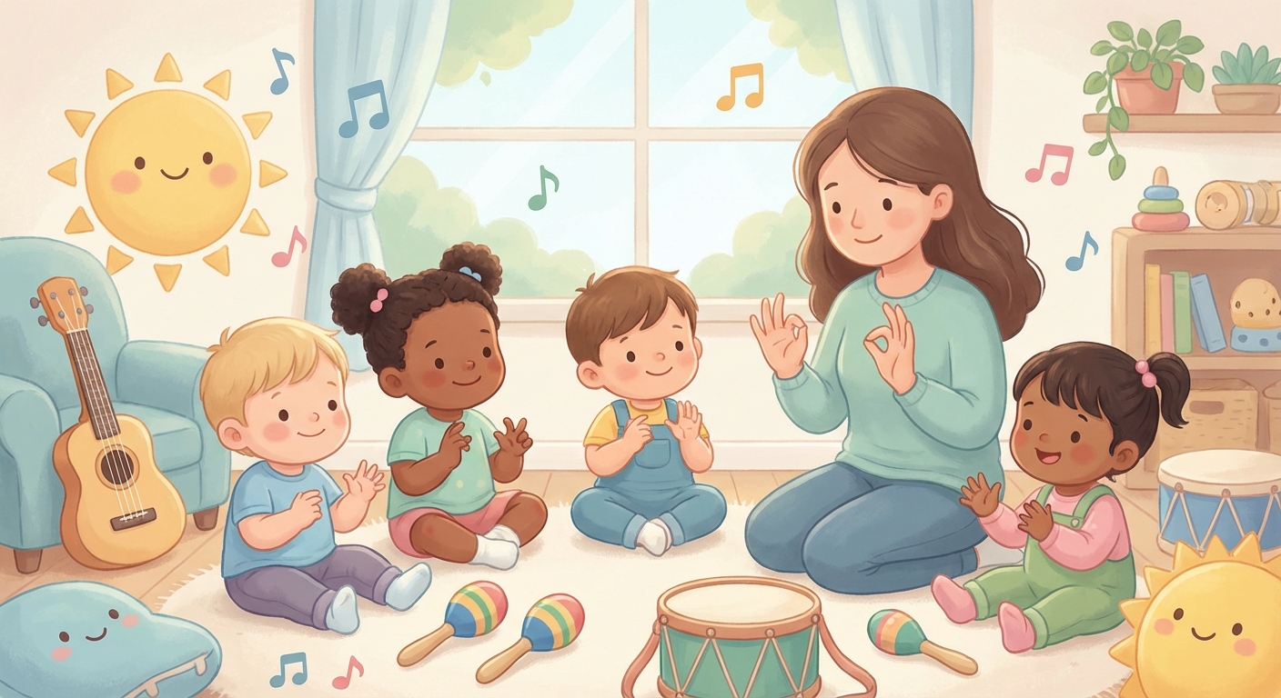 Finger Play Fun learning scene, Finger Play Fun music jam session, cheerful instruments and rhythm, gentle pastel illustration designed for ages 3-4, rounded shapes, caring expressions, text-free illustration with clean unmarked background, balanced composition, soft cinematic lighting, harmonious color palette, inviting and joyful mood
