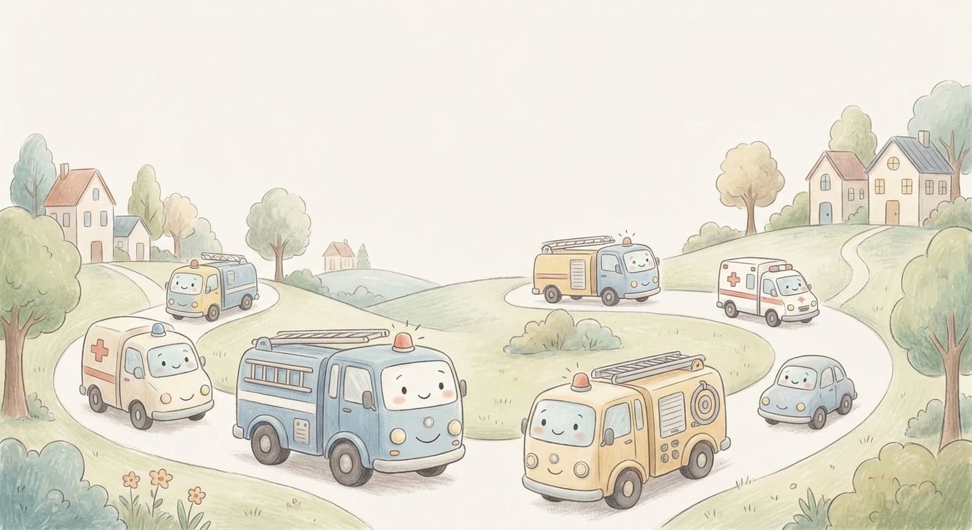 Fire Truck Fun learning scene, Fire Truck Fun journey, cheerful vehicles moving smoothly, gentle pastel illustration designed for ages 3-4, rounded shapes, caring expressions, text-free illustration with clean unmarked background, balanced composition, soft cinematic lighting, harmonious color palette, inviting and joyful mood