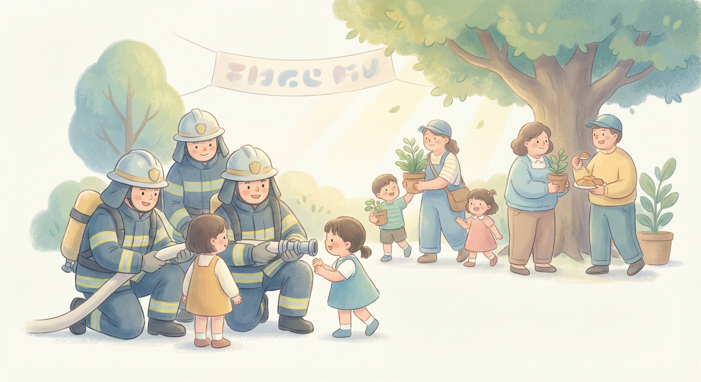 Firefighters learning scene, Firefighters community scene, neighbors helping each other, gentle pastel illustration designed for ages 3-4, rounded shapes, caring expressions, text-free illustration with clean unmarked background, balanced composition, soft cinematic lighting, harmonious color palette, inviting and joyful mood