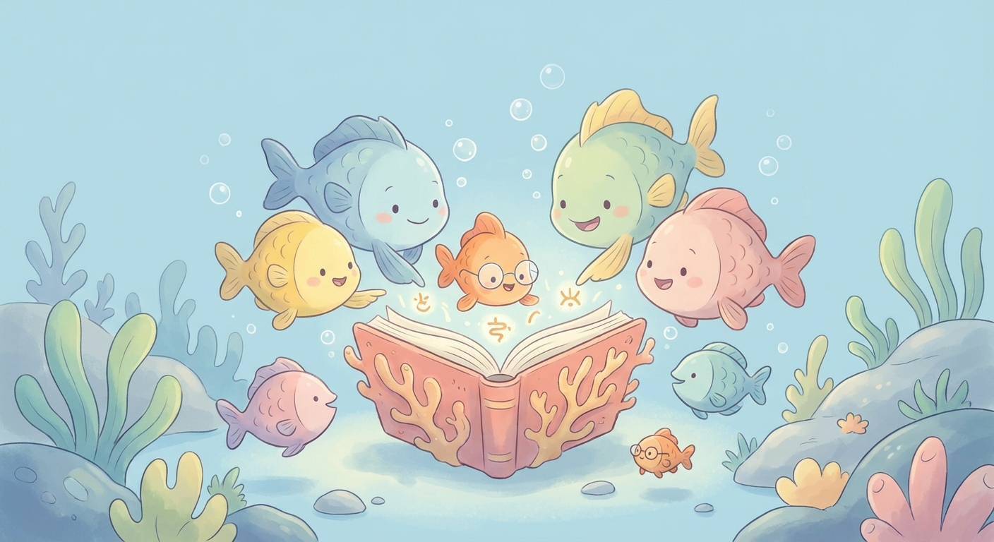 Fish learning scene, Fish animals discovering together, joyful storybook moment, gentle pastel illustration designed for ages 3-4, rounded shapes, caring expressions, text-free illustration with clean unmarked background, balanced composition, soft cinematic lighting, harmonious color palette, inviting and joyful mood