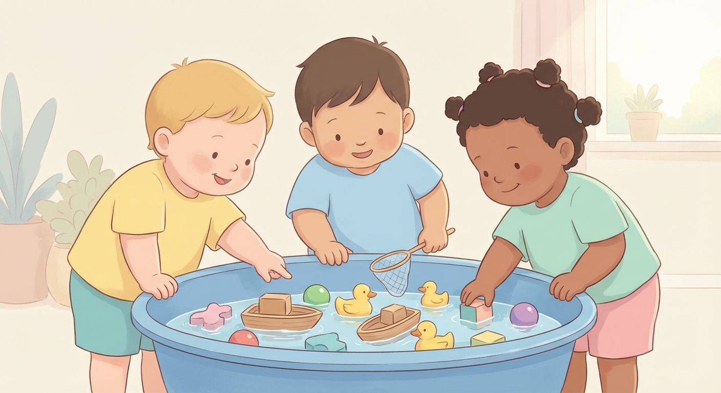 Floating Toys Fun in the Water learning scene, Floating Toys Fun in the Water experiment underway, curious kids collaborating, gentle pastel illustration designed for ages 3-4, rounded shapes, caring expressions, text-free illustration with clean unmarked background, balanced composition, soft cinematic lighting, harmonious color palette, inviting and joyful mood