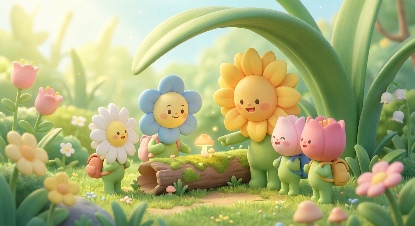 Flowers learning scene, Flowers scene in vibrant nature, lush and lively surroundings, gentle pastel illustration designed for ages 3-4, rounded shapes, caring expressions, text-free illustration with clean unmarked background, balanced composition, soft cinematic lighting, harmonious color palette, inviting and joyful mood