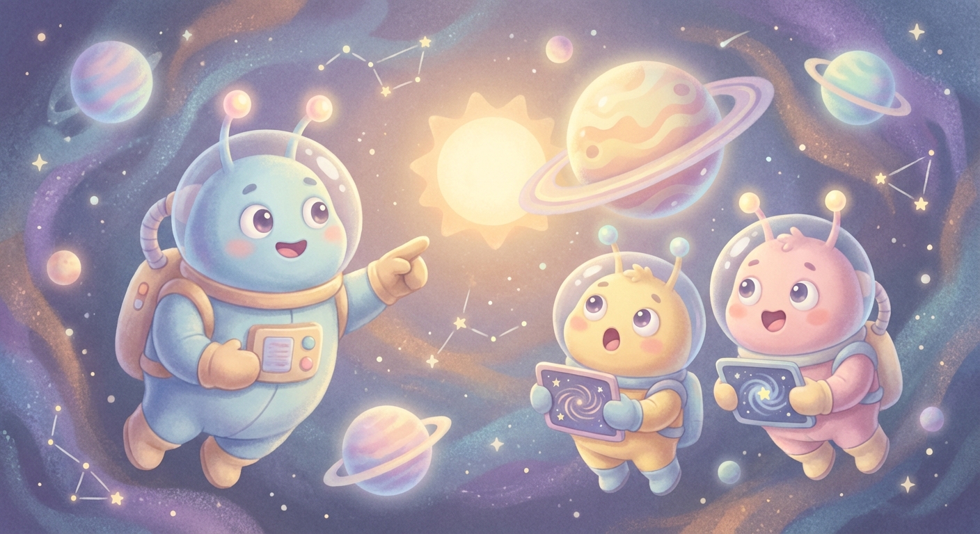 Friendly Aliens in Space learning scene, Friendly Aliens in Space space adventure, stars and planets inspiring wonder, gentle pastel illustration designed for ages 3-4, rounded shapes, caring expressions, text-free illustration with clean unmarked background, balanced composition, soft cinematic lighting, harmonious color palette, inviting and joyful mood
