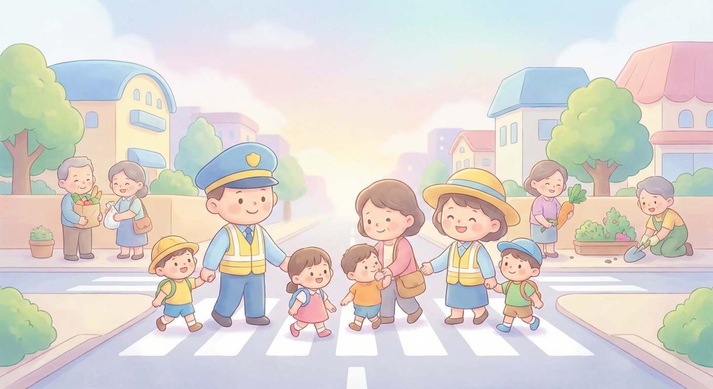 Friendly Crossing Guards learning scene, Friendly Crossing Guards community scene, neighbors helping each other, gentle pastel illustration designed for ages 3-4, rounded shapes, caring expressions, text-free illustration with clean unmarked background, balanced composition, soft cinematic lighting, harmonious color palette, inviting and joyful mood