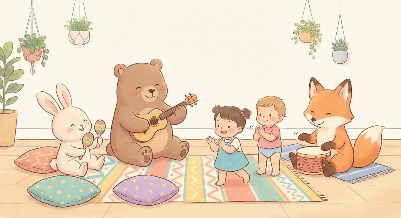 Fun Action Songs learning scene, Fun Action Songs music jam session, cheerful instruments and rhythm, gentle pastel illustration designed for ages 3-4, rounded shapes, caring expressions, text-free illustration with clean unmarked background, balanced composition, soft cinematic lighting, harmonious color palette, inviting and joyful mood