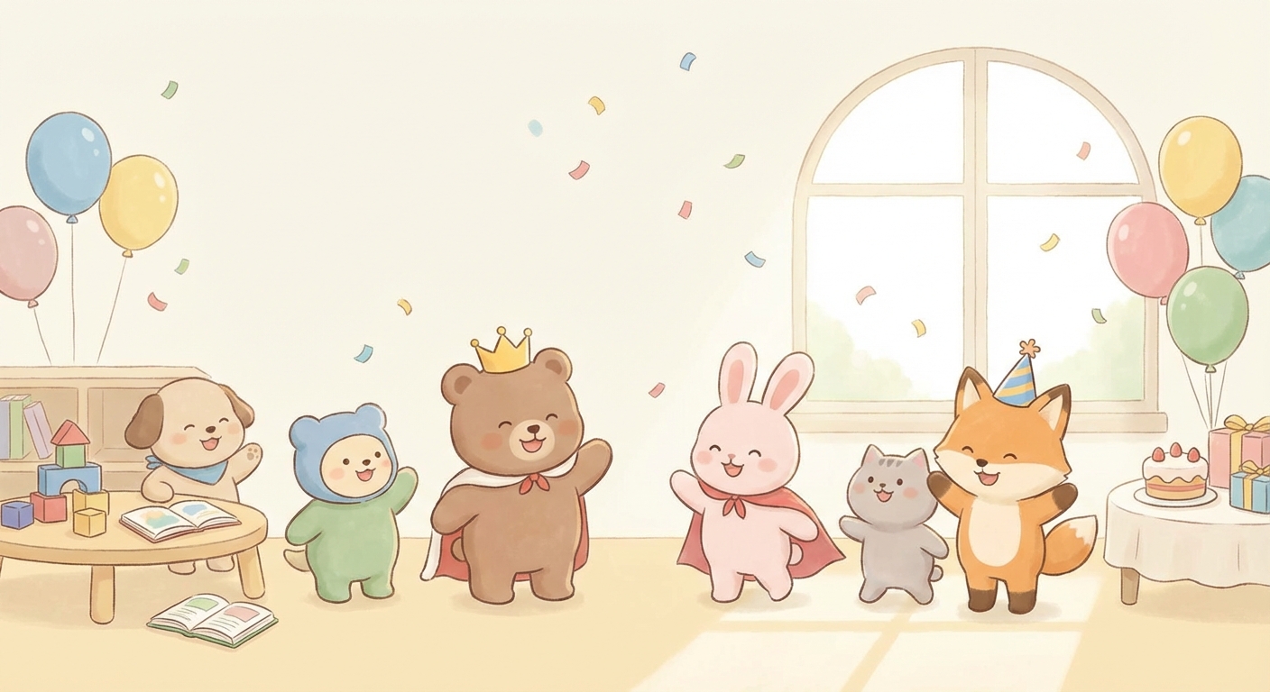 Fun Costumes for Happy Celebrations learning scene, Fun Costumes for Happy Celebrations celebration scene, balloons and confetti floating, gentle pastel illustration designed for ages 3-4, rounded shapes, caring expressions, text-free illustration with clean unmarked background, balanced composition, soft cinematic lighting, harmonious color palette, inviting and joyful mood