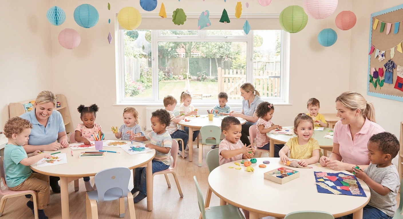 Fun Craft Time learning scene, Fun Craft Time art activity, colorful studio energy and creativity, gentle pastel illustration designed for ages 3-4, rounded shapes, caring expressions, text-free illustration with clean unmarked background, balanced composition, soft cinematic lighting, harmonious color palette, inviting and joyful mood