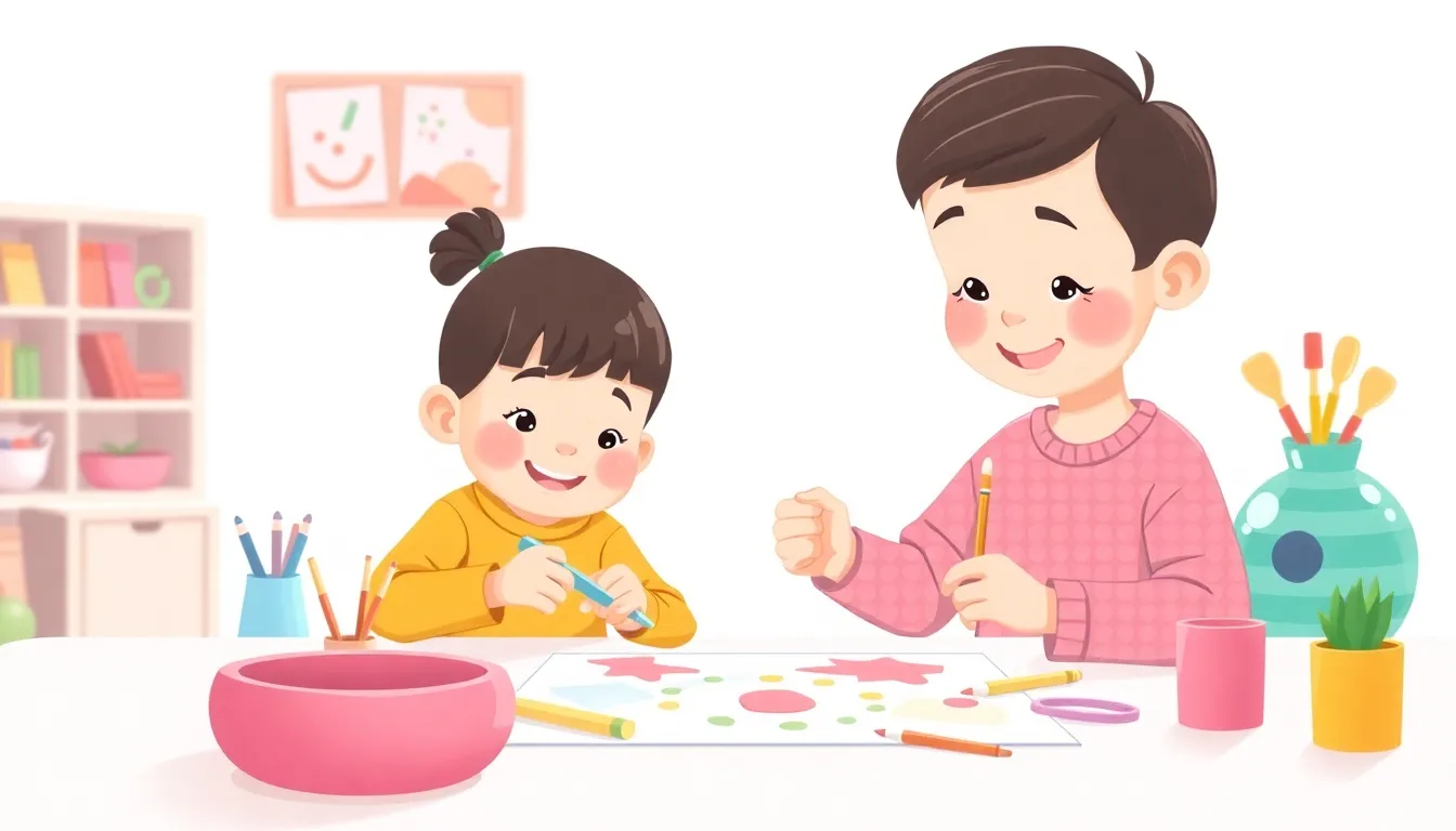 Fun Cutting Practice learning scene, Fun Cutting Practice art activity, colorful studio energy and creativity, gentle pastel illustration designed for ages 3-4, rounded shapes, caring expressions, text-free illustration with clean unmarked background, balanced composition, soft cinematic lighting, harmonious color palette, inviting and joyful mood