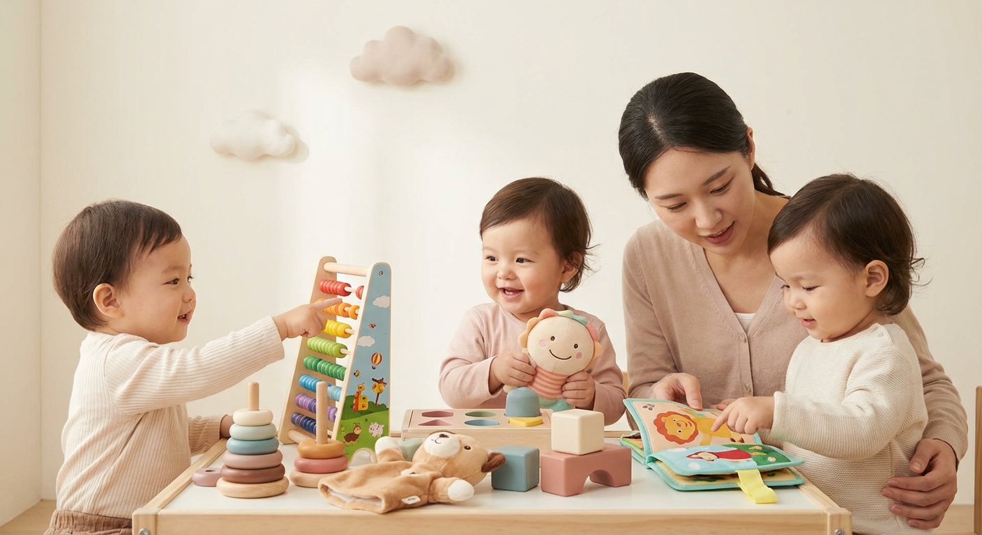 Fun Educational Toys learning scene, Fun Educational Toys learning scene filled with curiosity and joy, gentle pastel illustration designed for ages 3-4, rounded shapes, caring expressions, text-free illustration with clean unmarked background, balanced composition, soft cinematic lighting, harmonious color palette, inviting and joyful mood