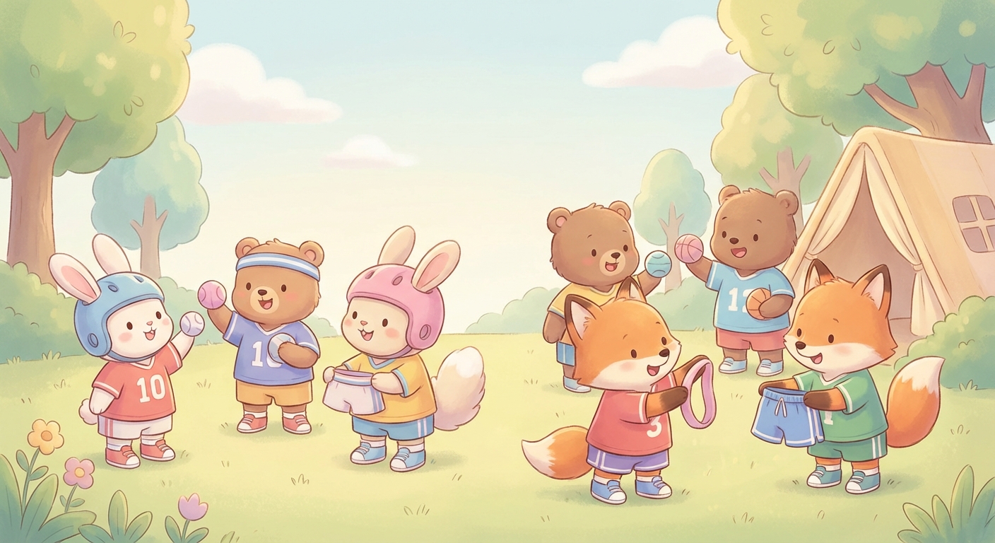 Fun Sports Clothes learning scene, Fun Sports Clothes learning scene filled with curiosity and joy, gentle pastel illustration designed for ages 3-4, rounded shapes, caring expressions, text-free illustration with clean unmarked background, balanced composition, soft cinematic lighting, harmonious color palette, inviting and joyful mood