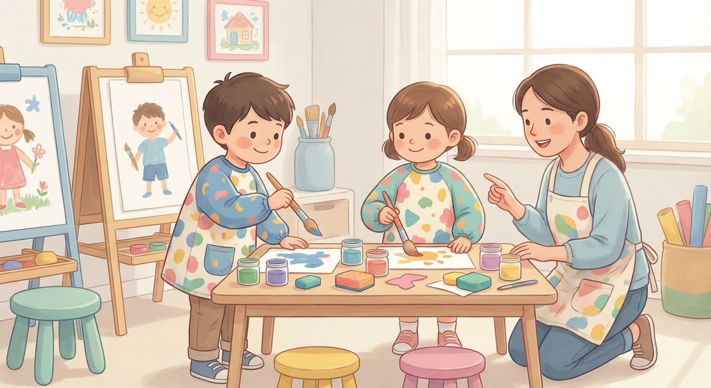 Fun with an Art Smock learning scene, Fun with an Art Smock art activity, colorful studio energy and creativity, gentle pastel illustration designed for ages 3-4, rounded shapes, caring expressions, text-free illustration with clean unmarked background, balanced composition, soft cinematic lighting, harmonious color palette, inviting and joyful mood