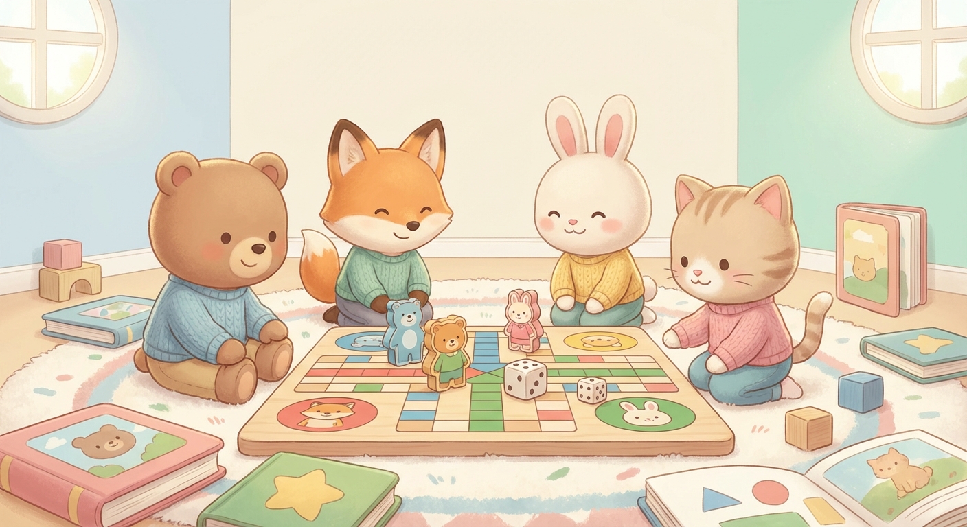 Fun with Board Games learning scene, Fun with Board Games learning scene filled with curiosity and joy, gentle pastel illustration designed for ages 3-4, rounded shapes, caring expressions, text-free illustration with clean unmarked background, balanced composition, soft cinematic lighting, harmonious color palette, inviting and joyful mood