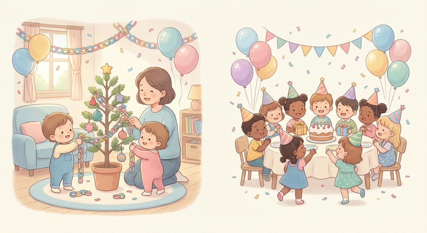 Fun with Decorations learning scene, Fun with Decorations celebration scene, balloons and confetti floating, gentle pastel illustration designed for ages 3-4, rounded shapes, caring expressions, text-free illustration with clean unmarked background, balanced composition, soft cinematic lighting, harmonious color palette, inviting and joyful mood