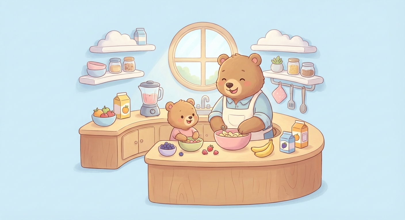 Fun with Drinks learning scene, Fun with Drinks kitchen scene, delicious ingredients being prepared, gentle pastel illustration designed for ages 3-4, rounded shapes, caring expressions, text-free illustration with clean unmarked background, balanced composition, soft cinematic lighting, harmonious color palette, inviting and joyful mood