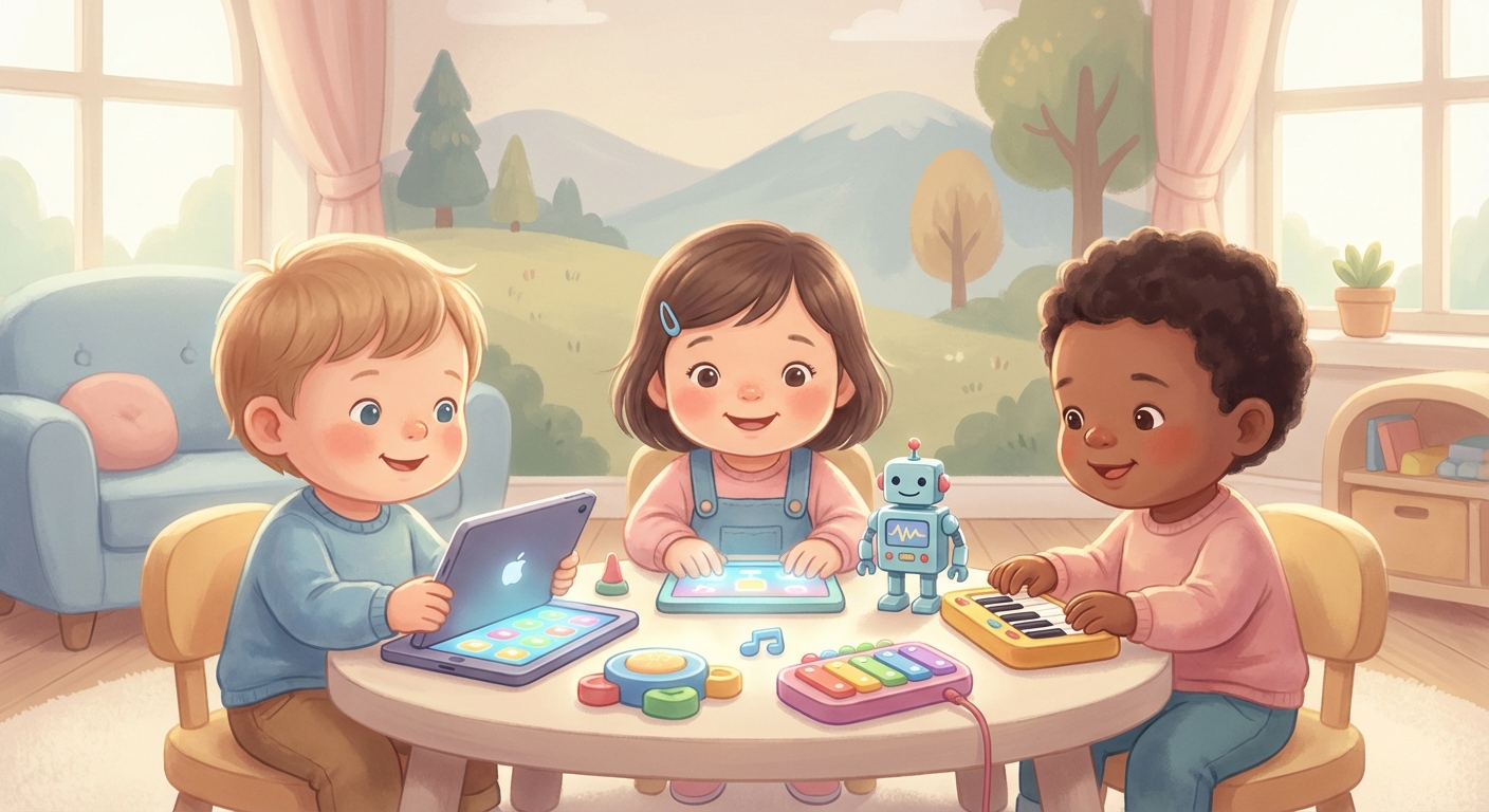 Fun with Electronic Toys learning scene, Fun with Electronic Toys learning scene filled with curiosity and joy, gentle pastel illustration designed for ages 3-4, rounded shapes, caring expressions, text-free illustration with clean unmarked background, balanced composition, soft cinematic lighting, harmonious color palette, inviting and joyful mood