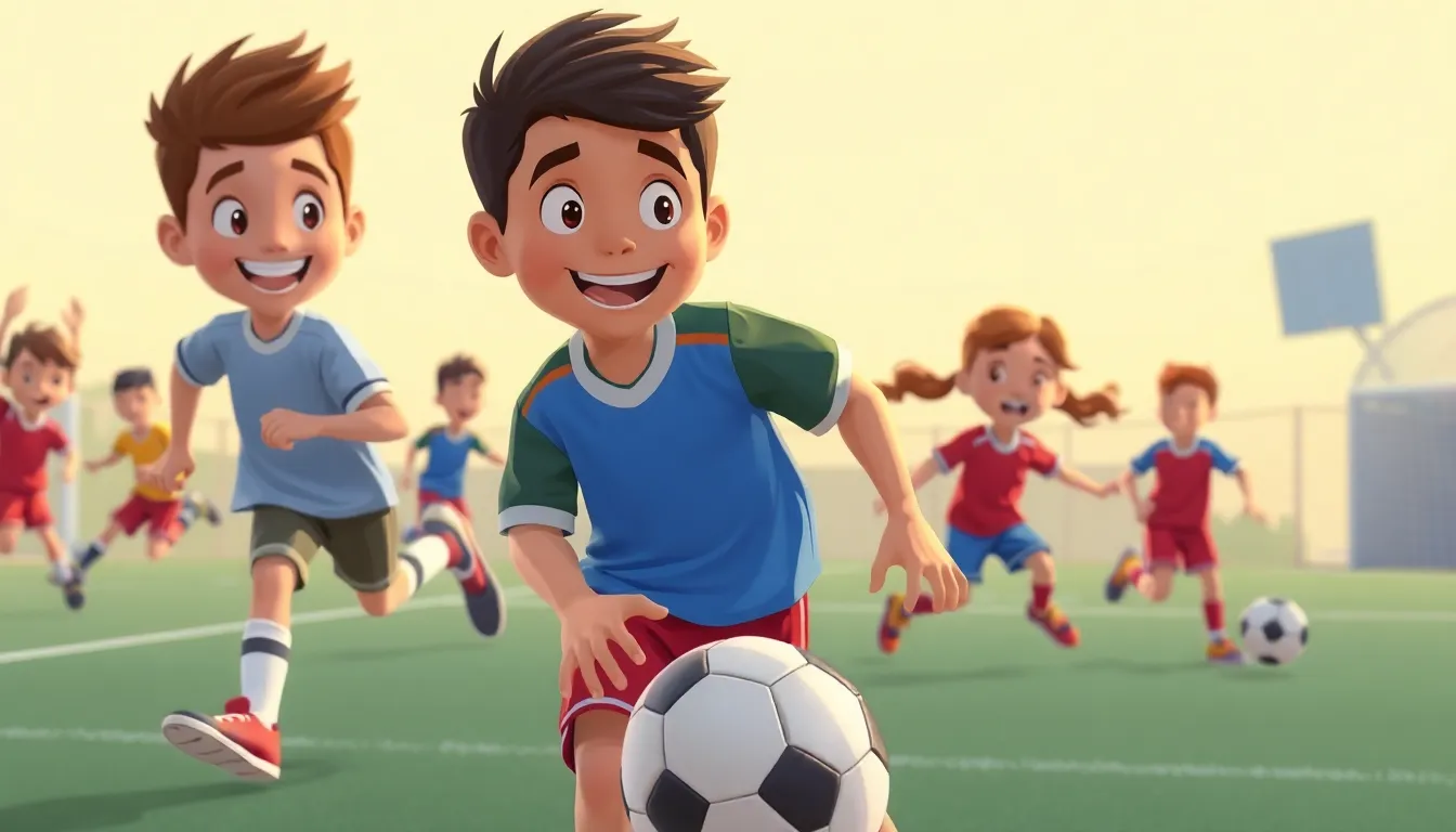 Fun with Football Basics learning scene, Fun with Football Basics sports moment, energetic teamwork in motion, vivid storybook illustration for ages 5-7, lively characters, playful motion, text-free illustration with clean unmarked background, balanced composition, soft cinematic lighting, harmonious color palette, inviting and joyful mood