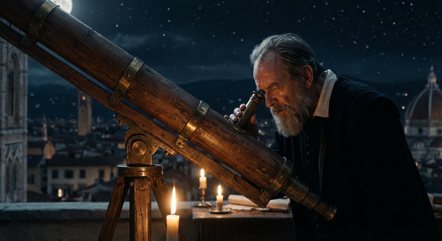 Galileo looking through a wooden telescope