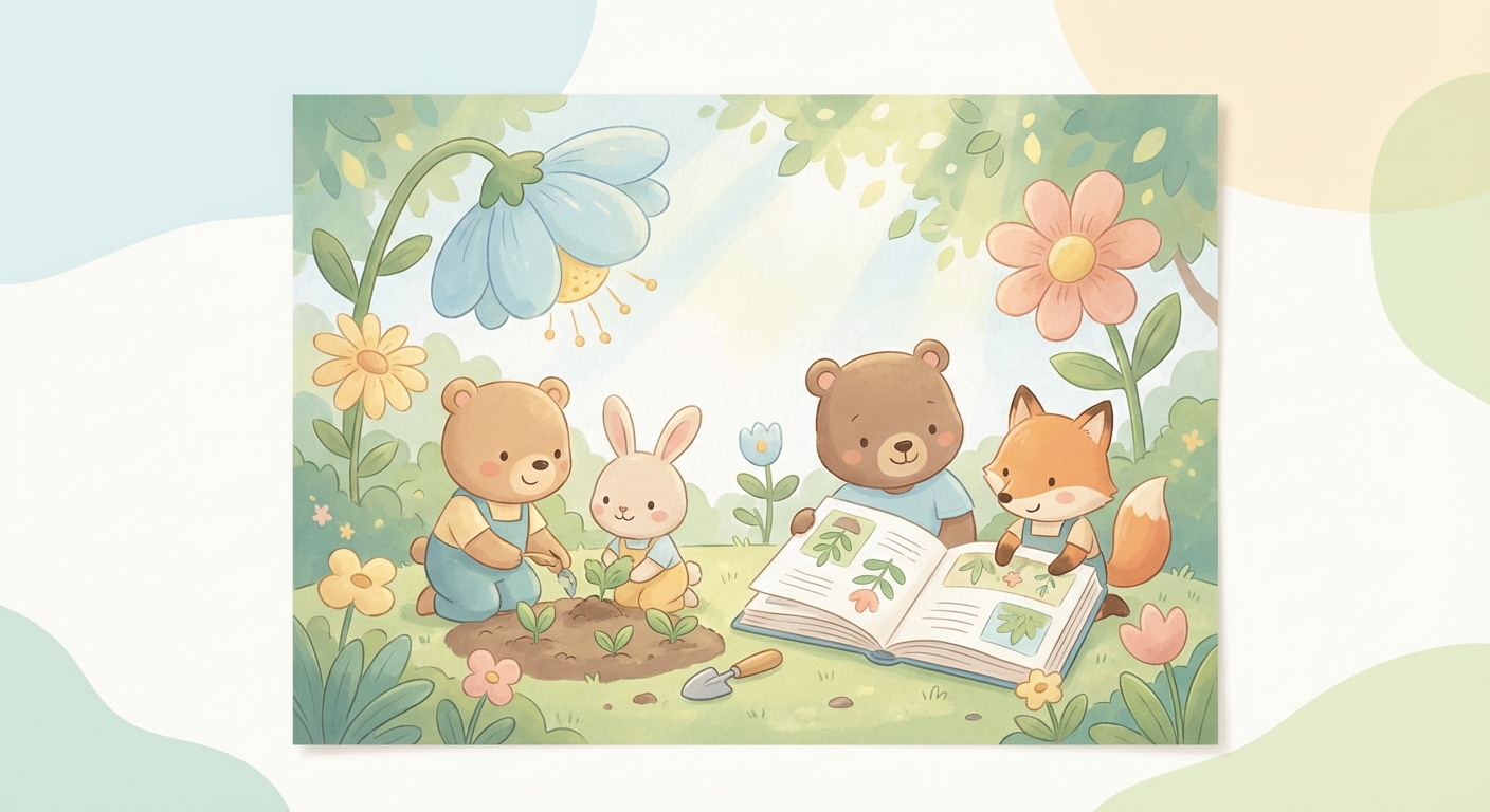 Gardens learning scene, Gardens scene in vibrant nature, lush and lively surroundings, gentle pastel illustration designed for ages 3-4, rounded shapes, caring expressions, text-free illustration with clean unmarked background, balanced composition, soft cinematic lighting, harmonious color palette, inviting and joyful mood