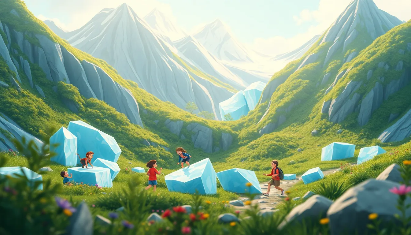 Glaciers Nature s Big Ice Blocks learning scene, Glaciers Nature s Big Ice Blocks scene in vibrant nature, lush and lively surroundings, vivid storybook illustration for ages 5-7, lively characters, playful motion, text-free illustration with clean unmarked background, balanced composition, soft cinematic lighting, harmonious color palette, inviting and joyful mood