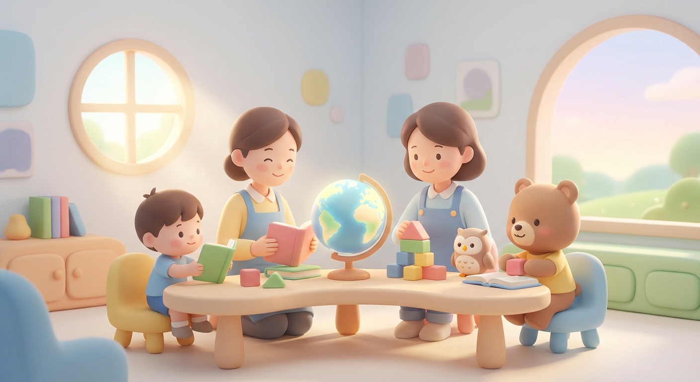 Good Morning learning scene, Good Morning learning scene filled with curiosity and joy, gentle pastel illustration designed for ages 3-4, rounded shapes, caring expressions, text-free illustration with clean unmarked background, balanced composition, soft cinematic lighting, harmonious color palette, inviting and joyful mood