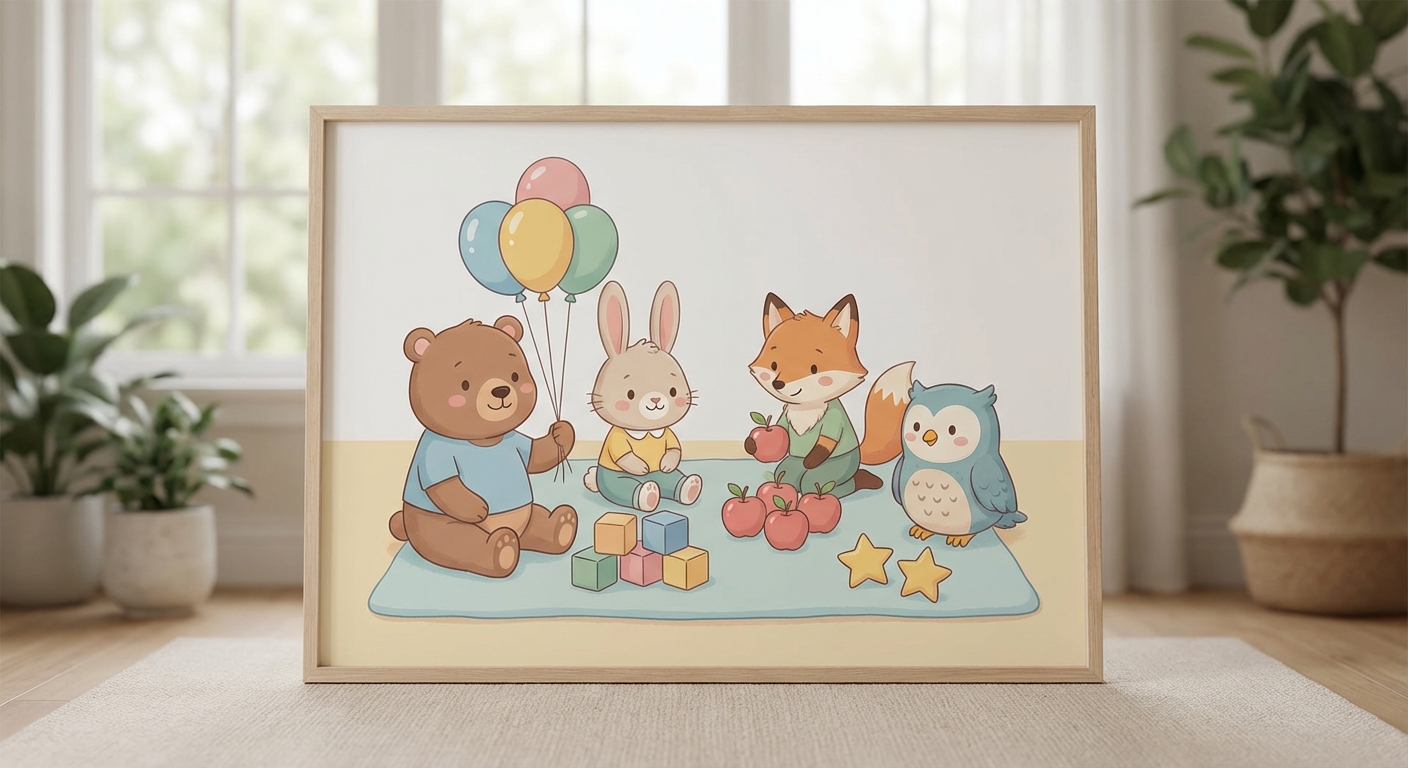 Groups of Things Counting Fun learning scene, Groups of Things Counting Fun learning scene filled with curiosity and joy, gentle pastel illustration designed for ages 3-4, rounded shapes, caring expressions, text-free illustration with clean unmarked background, balanced composition, soft cinematic lighting, harmonious color palette, inviting and joyful mood