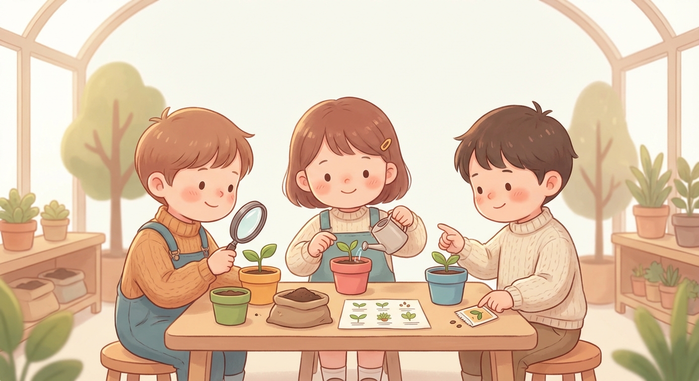 Growing Things learning scene, Growing Things experiment underway, curious kids collaborating, gentle pastel illustration designed for ages 3-4, rounded shapes, caring expressions, text-free illustration with clean unmarked background, balanced composition, soft cinematic lighting, harmonious color palette, inviting and joyful mood