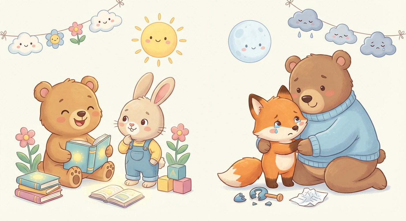 Happy and Sad learning scene, Happy and Sad learning scene filled with curiosity and joy, gentle pastel illustration designed for ages 3-4, rounded shapes, caring expressions, text-free illustration with clean unmarked background, balanced composition, soft cinematic lighting, harmonious color palette, inviting and joyful mood