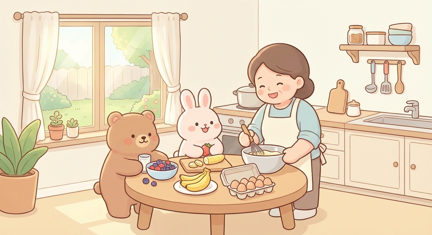 Happy Breakfast Time learning scene, Happy Breakfast Time kitchen scene, delicious ingredients being prepared, gentle pastel illustration designed for ages 3-4, rounded shapes, caring expressions, text-free illustration with clean unmarked background, balanced composition, soft cinematic lighting, harmonious color palette, inviting and joyful mood