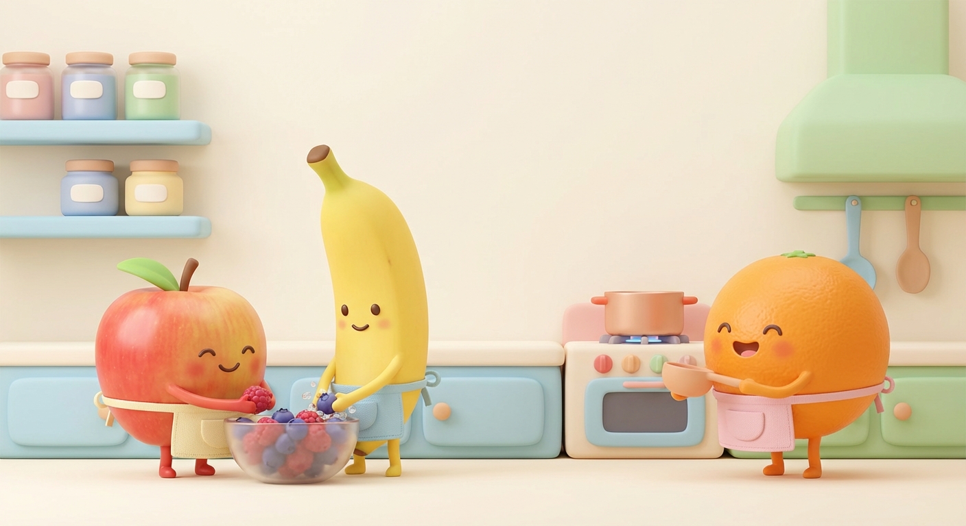Happy Fruit Fun learning scene, Happy Fruit Fun kitchen scene, delicious ingredients being prepared, gentle pastel illustration designed for ages 3-4, rounded shapes, caring expressions, text-free illustration with clean unmarked background, balanced composition, soft cinematic lighting, harmonious color palette, inviting and joyful mood