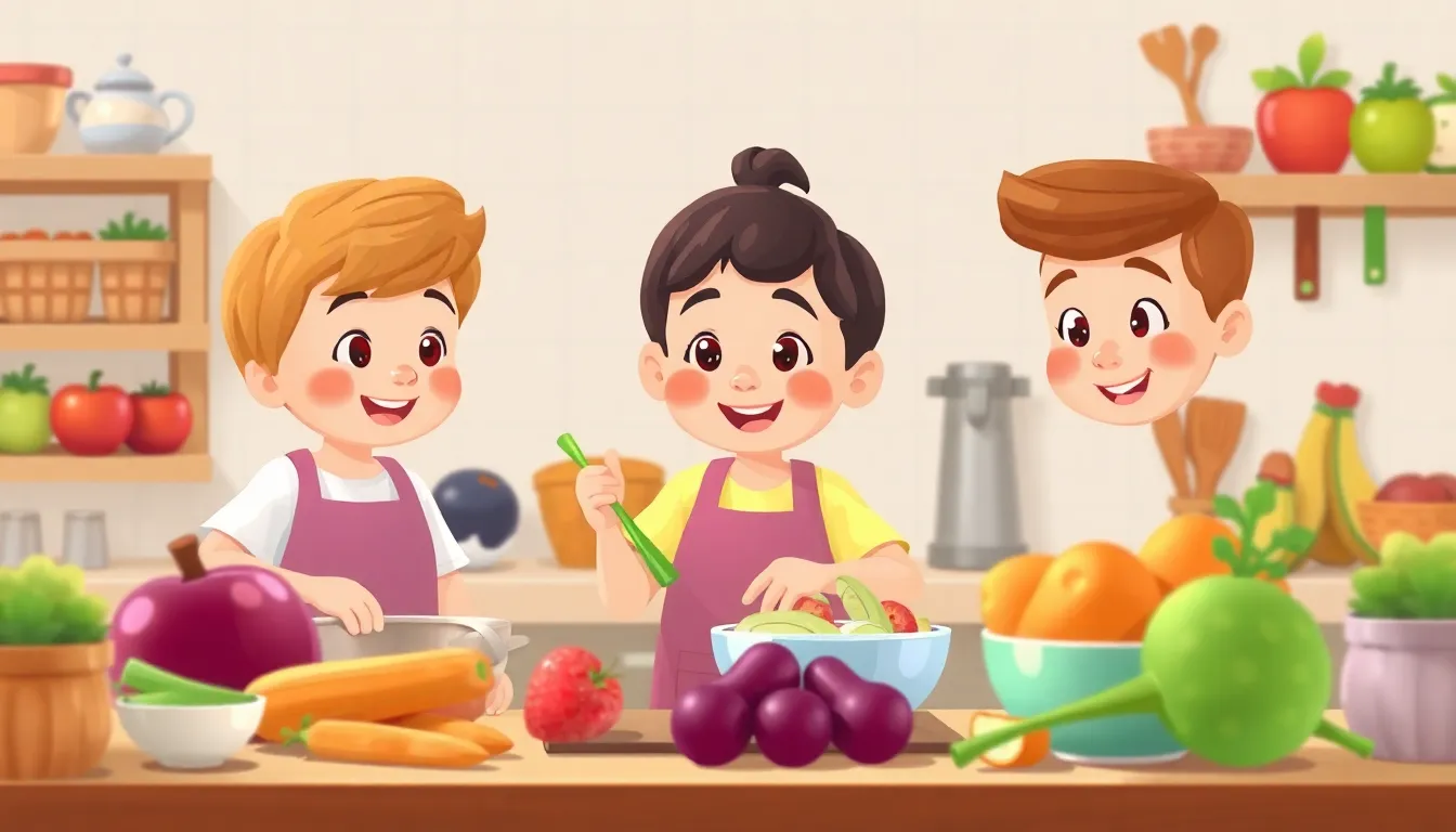 Happy Fruit Fun learning scene, Happy Fruit Fun kitchen scene, delicious ingredients being prepared, gentle pastel illustration designed for ages 3-4, rounded shapes, caring expressions, text-free illustration with clean unmarked background, balanced composition, soft cinematic lighting, harmonious color palette, inviting and joyful mood