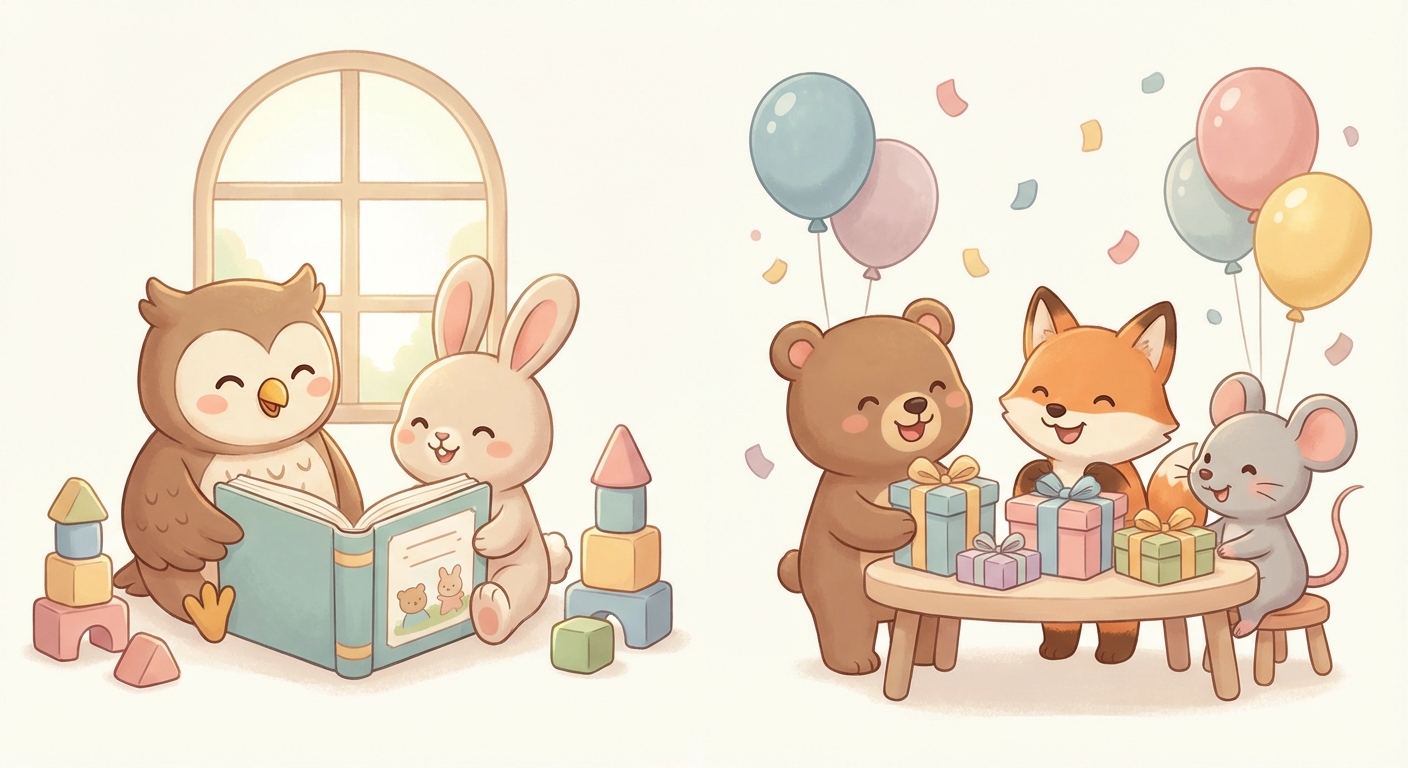 Happy Presents learning scene, Happy Presents celebration scene, balloons and confetti floating, gentle pastel illustration designed for ages 3-4, rounded shapes, caring expressions, text-free illustration with clean unmarked background, balanced composition, soft cinematic lighting, harmonious color palette, inviting and joyful mood