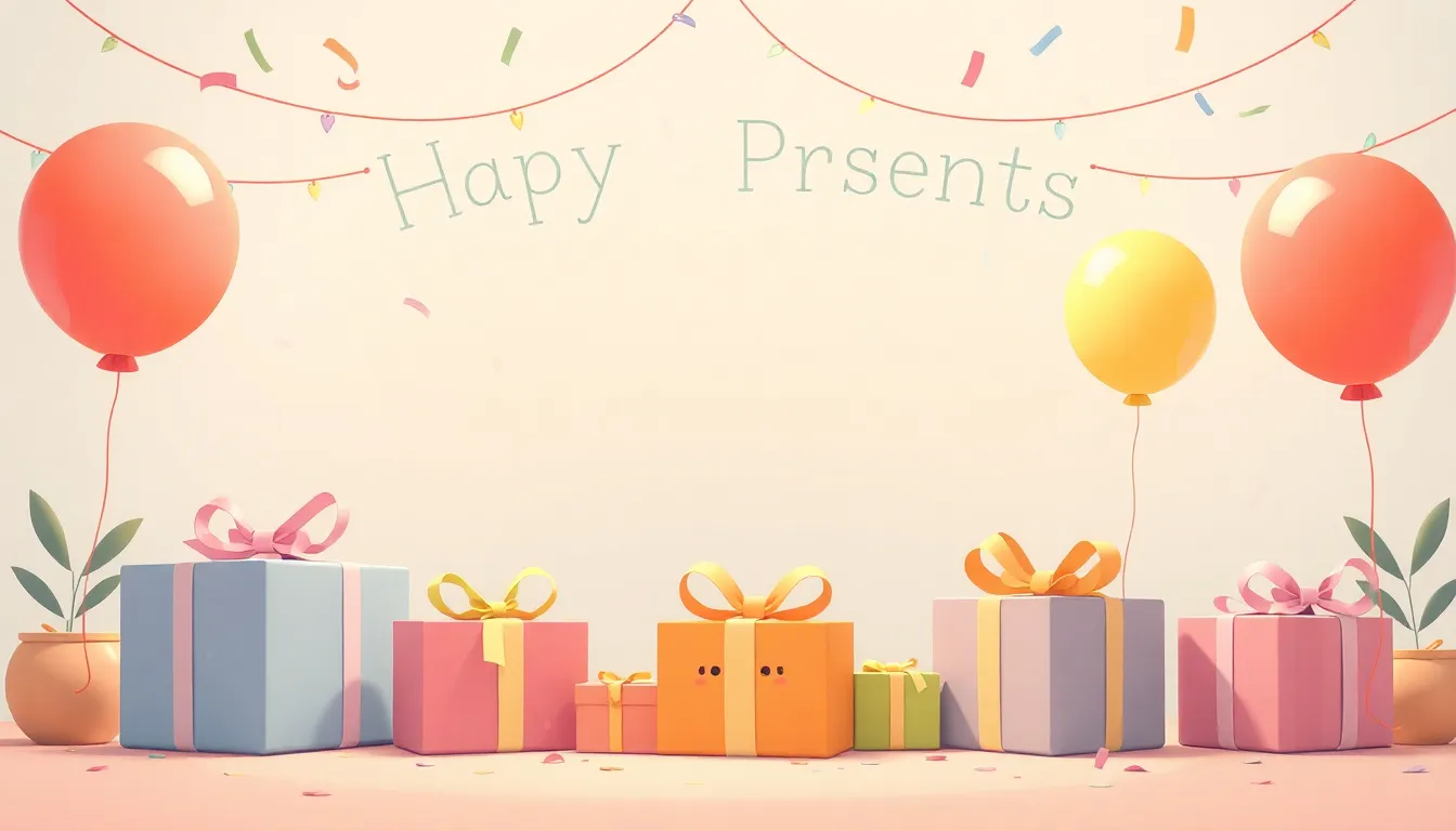 Happy Presents learning scene, Happy Presents celebration scene, balloons and confetti floating, gentle pastel illustration designed for ages 3-4, rounded shapes, caring expressions, text-free illustration with clean unmarked background, balanced composition, soft cinematic lighting, harmonious color palette, inviting and joyful mood