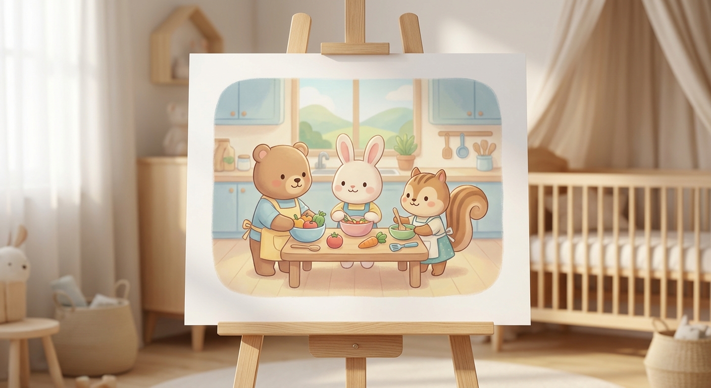 Happy Table Manners learning scene, Happy Table Manners kitchen scene, delicious ingredients being prepared, gentle pastel illustration designed for ages 3-4, rounded shapes, caring expressions, text-free illustration with clean unmarked background, balanced composition, soft cinematic lighting, harmonious color palette, inviting and joyful mood