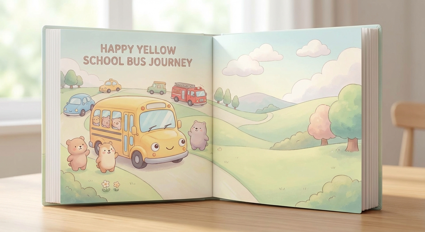 Happy Yellow School Bus learning scene, Happy Yellow School Bus journey, cheerful vehicles moving smoothly, gentle pastel illustration designed for ages 3-4, rounded shapes, caring expressions, text-free illustration with clean unmarked background, balanced composition, soft cinematic lighting, harmonious color palette, inviting and joyful mood