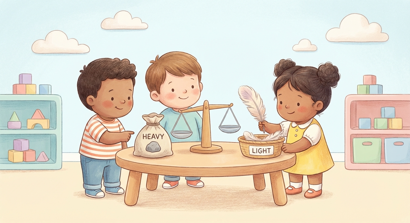 Heavy and Light learning scene, Heavy and Light experiment underway, curious kids collaborating, gentle pastel illustration designed for ages 3-4, rounded shapes, caring expressions, text-free illustration with clean unmarked background, balanced composition, soft cinematic lighting, harmonious color palette, inviting and joyful mood