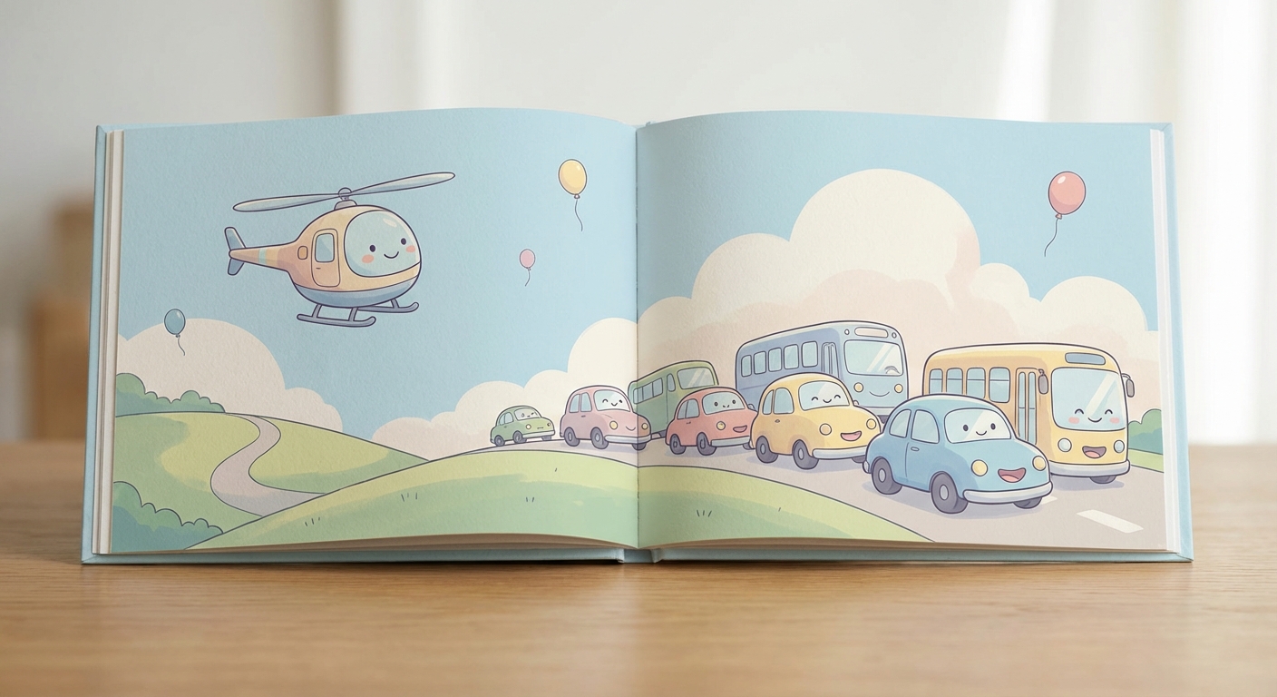 Helicopter Fun learning scene, Helicopter Fun journey, cheerful vehicles moving smoothly, gentle pastel illustration designed for ages 3-4, rounded shapes, caring expressions, text-free illustration with clean unmarked background, balanced composition, soft cinematic lighting, harmonious color palette, inviting and joyful mood