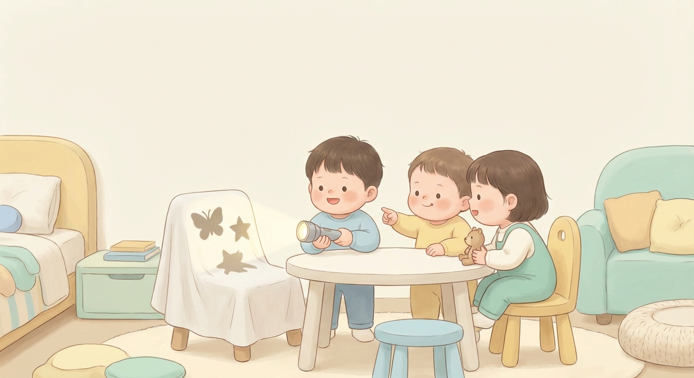 Hello Shadow learning scene, Hello Shadow experiment underway, curious kids collaborating, gentle pastel illustration designed for ages 3-4, rounded shapes, caring expressions, text-free illustration with clean unmarked background, balanced composition, soft cinematic lighting, harmonious color palette, inviting and joyful mood