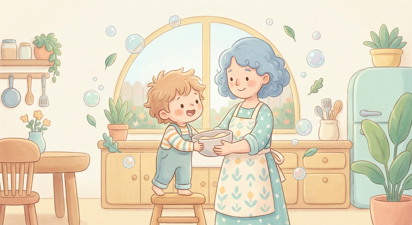 Helping at Home learning scene, Helping at Home learning scene filled with curiosity and joy, gentle pastel illustration designed for ages 3-4, rounded shapes, caring expressions, text-free illustration with clean unmarked background, balanced composition, soft cinematic lighting, harmonious color palette, inviting and joyful mood