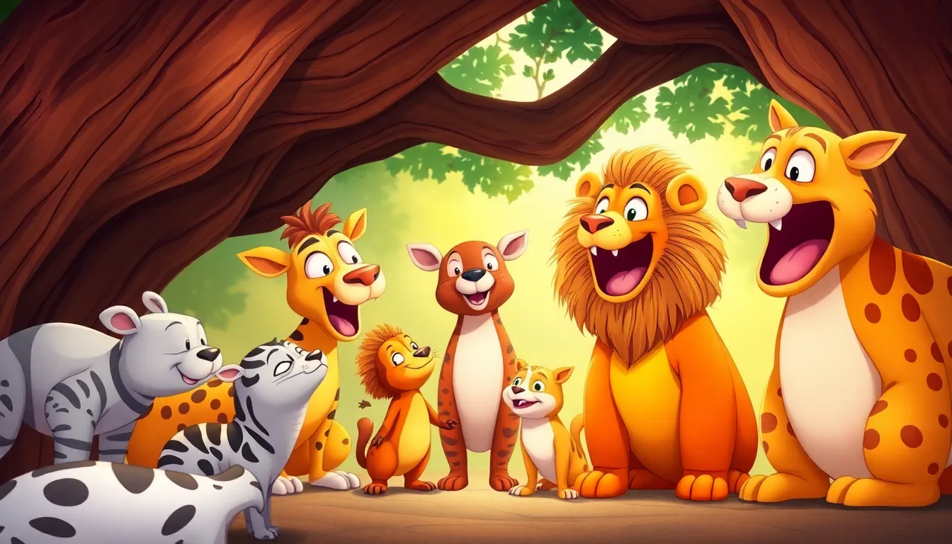How Animals Are Grouped the Magic of Classification learning scene, How Animals Are Grouped the Magic of Classification animals discovering together, joyful storybook moment, dynamic adventure illustration for ages 8-10, engaging detail, upbeat energy, text-free illustration with clean unmarked background, balanced composition, soft cinematic lighting, harmonious color palette, inviting and joyful mood