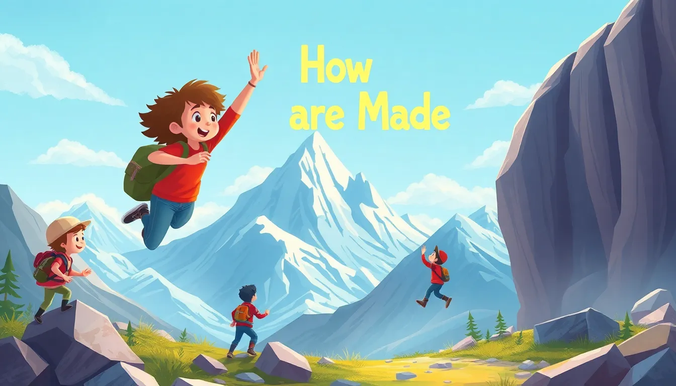 How Mountains Are Made learning scene, How Mountains Are Made learning scene filled with curiosity and joy, dynamic adventure illustration for ages 8-10, engaging detail, upbeat energy, text-free illustration with clean unmarked background, balanced composition, soft cinematic lighting, harmonious color palette, inviting and joyful mood